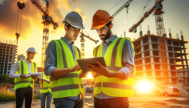 Engenheiros de coletes de segurança consultando um tablet em um canteiro de obras durante um pôr-do-sol vibrante