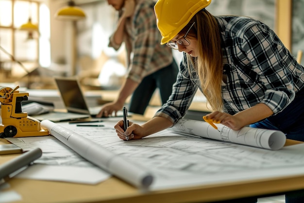 engenheiros de construção em ação arquiteto e mulher de negócios na mesa com planos