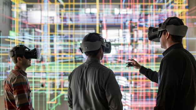 Engenheiros de construção imersos numa realidade virtual em ilustração gerada pela IA