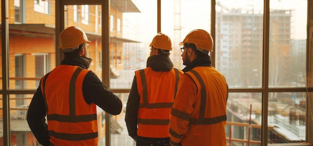 Engenheiros de construção vestindo roupas de proteção se comunicam e ficam para trás olhando para a janela