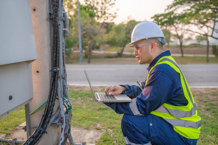 Foto engenheiros de telecomunicações trabalham em torres de celular para sinais de celular 5gtécnicos de manutenção de torres de rede