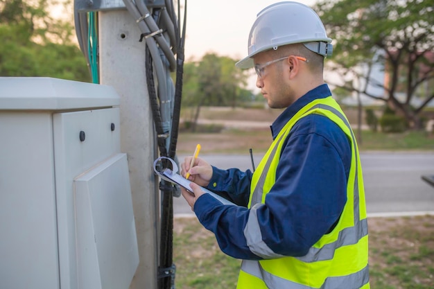 Engenheiros de telecomunicações trabalham em torres de celular para sinais de telefone celular 5G Técnicos de manutenção de torres de rede