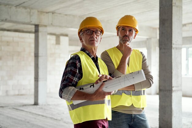 Foto engenheiros discutindo no canteiro de obras