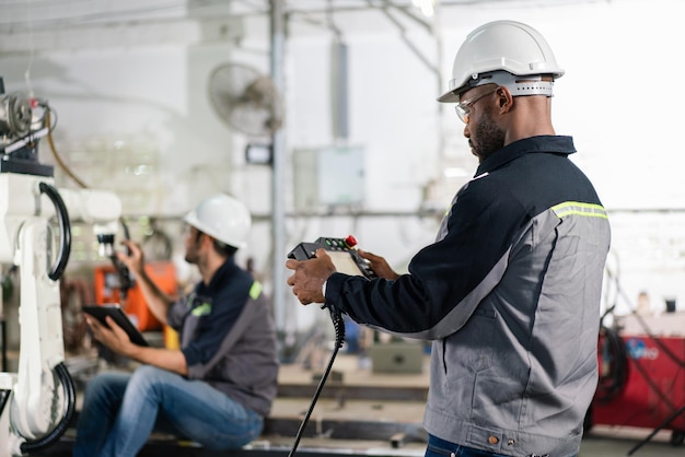 Engenheiros do sexo masculino controlam o aço de soldagem da máquina do braço do robô com controle remoto na oficina da fábrica.