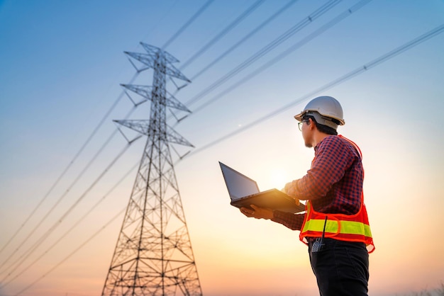 Engenheiros elétricos asiáticos verificando a localização usando um notebook parado em uma estação de energia para visualizar o trabalho de planejamento produzindo energia elétrica em eletrodos de alta tensão