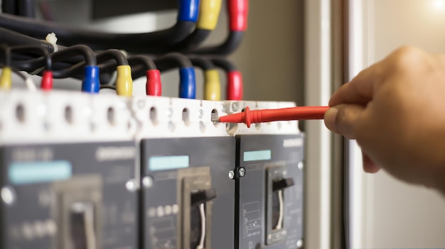 Engenheiros elétricos testam a operação de dispositivos de controle elétrico.