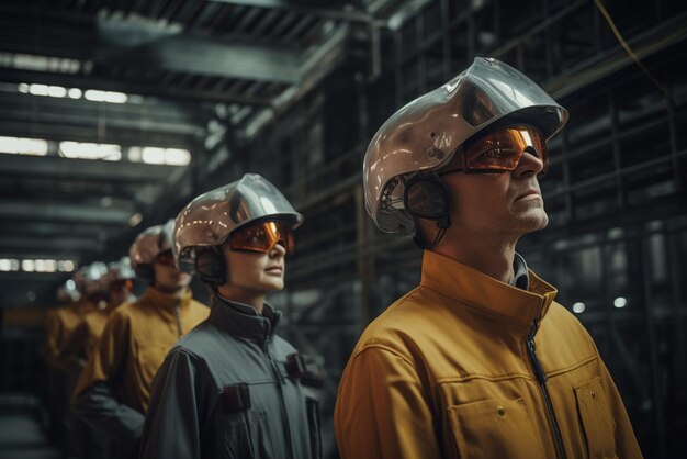 Foto engenheiros fotográficos em capacetes em pé na fábrica