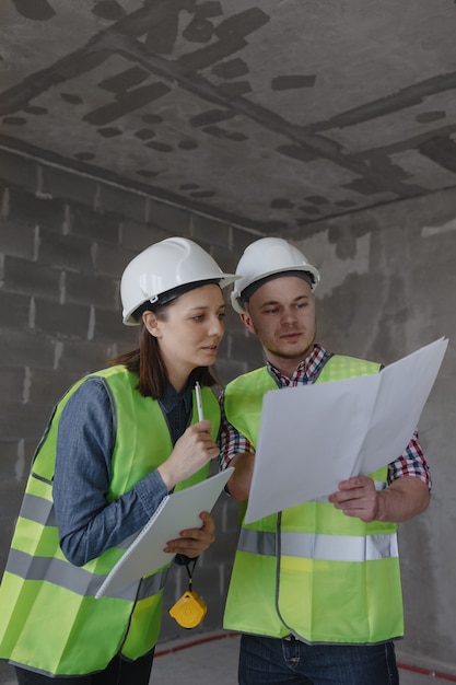 Engenheiros homens e mulheres com capacetes brancos e coletes de segurança amarelos na construção