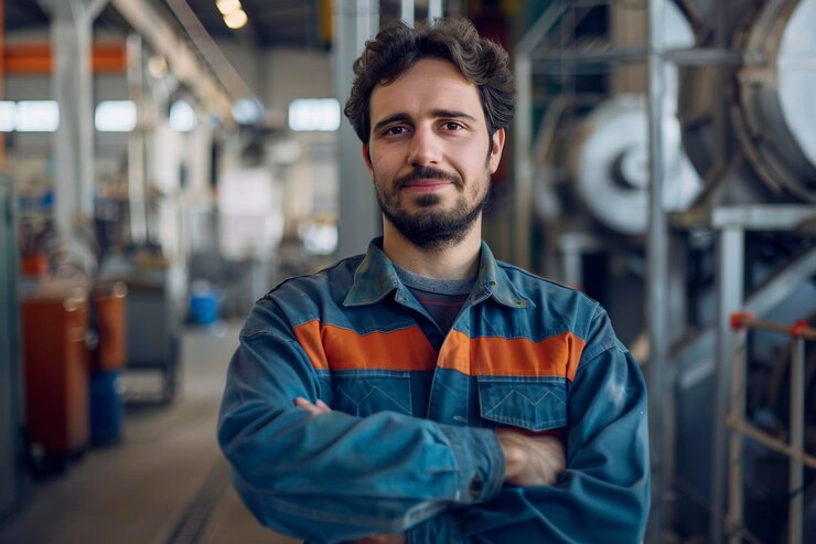 Foto engenheiros homens velhos confiantes de pé em uma fábrica