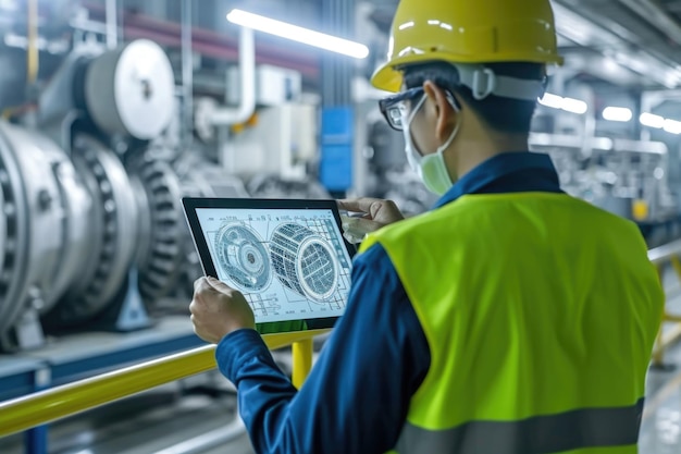 Foto engenheiros industriais digitalizam fábrica com tablet