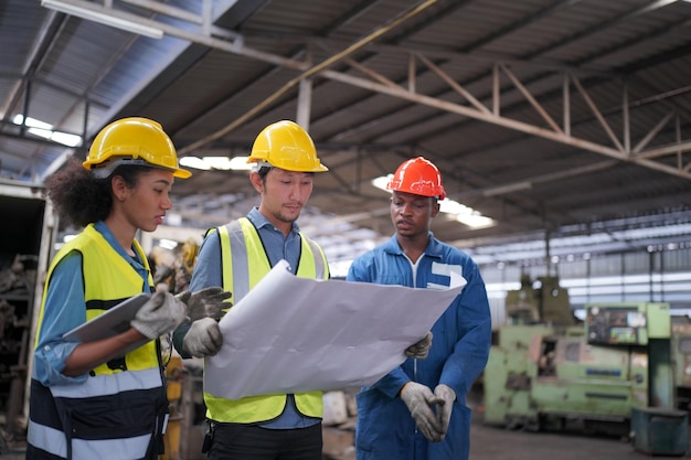 Engenheiros industriais masculinos e femininos conversam com operário contra o fundo de máquinas e equipamentos. Eles trabalham na instalação de fabricação da indústria pesada.