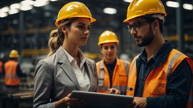 Engenheiros industriais masculinos e femininos em chapéus discussam novo projeto enquanto usam laptop Eles fazem gestos de exibição Eles trabalham em uma fábrica de fabricação de indústria pesada