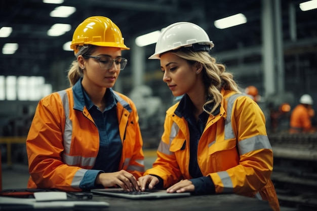Engenheiros industriais masculinos e femininos em chapéus discussam novo projeto enquanto usam laptop Eles fazem gestos de exibição Eles trabalham em uma fábrica de fabricação de indústria pesada