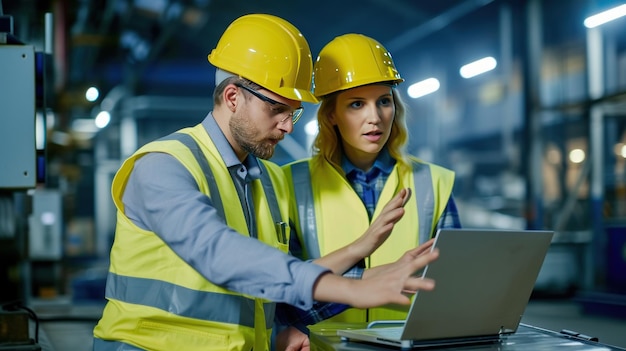 Engenheiros industriais masculinos e femininos estão discutindo com laptop em uma imagem gerada por IA de fábrica