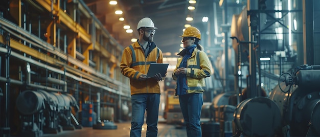 Foto engenheiros industriais usam capacetes e coletes de segurança enquanto caminham por fábricas de manufatura da indústria pesada com laptops