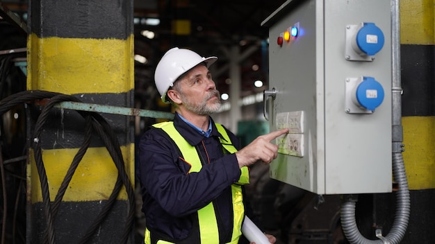 Engenheiros que trabalham na fábrica em powerplant e verificação de manutenção na caixa de controle elétrico na fábrica