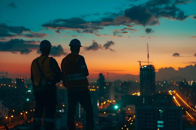 Foto engenheiros se unem ao crepúsculo para garantir a segurança e a precisão na construção de arranha-céus conceito engenharia trabalho em equipe segurança crepúsculo construção de construções altas