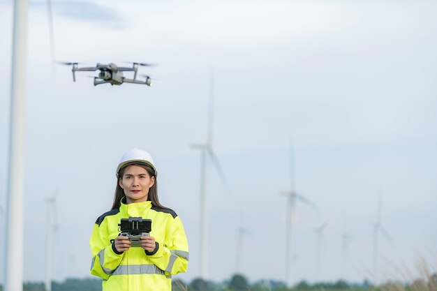 Engenheiros trabalhando e segurando o relatório na estação geradora de energia do parque de turbinas eólicas na montanhaTailândia pessoasTécnico homem e mulher discutem sobre trabalhoxAUse drone view de alto ângulo