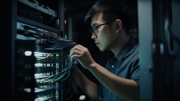 Engineer Manager Connecting Data Center on Global Networking in Server Room of Storage Systems and Data Connect on Internet Network Business Generative AI