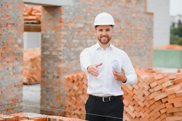 Engineering Consulting Menschen auf der Baustelle, die Blaupause in der Hand halten Bauinspektor Baustellenkontrollzeichnung und Geschäftsablauf des Neubaus