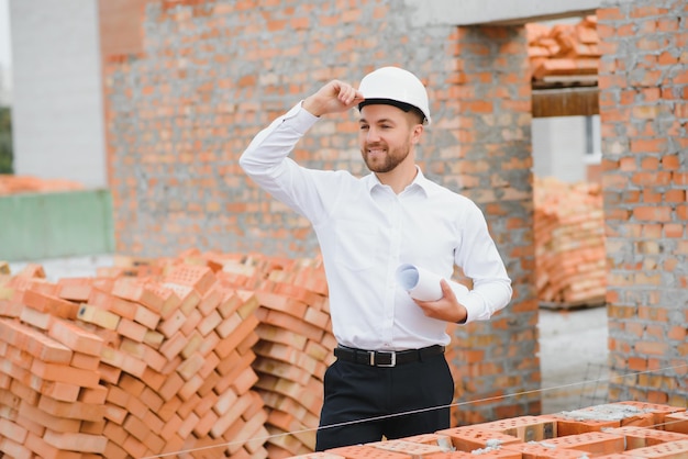 Engineering Consulting Menschen auf der Baustelle, die Blaupause in der Hand halten Bauinspektor Baustellenkontrollzeichnung und Geschäftsablauf des Neubaus