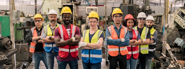 Engineering-Team mit Techniker und Arbeiter in Betrieb. Gruppenfoto in der Fabrik, Teamwork-Konzept.