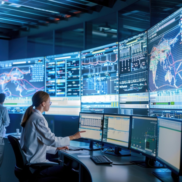 Engineers monitoring grid storage systems in a control room Soft artificial light Hightech control room background aar 64 Job ID 46e528efec7b46dda1608cb413250526