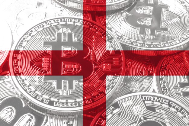 England-Bitcoin-Flagge, Nationalflaggen-Kryptowährungskonzept schwarzer Hintergrund