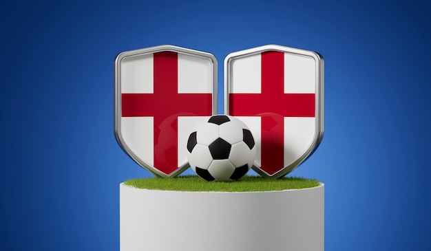 England-Flaggen-Fußballschild mit Fußballball auf einem Graspodium 3D-Rendering