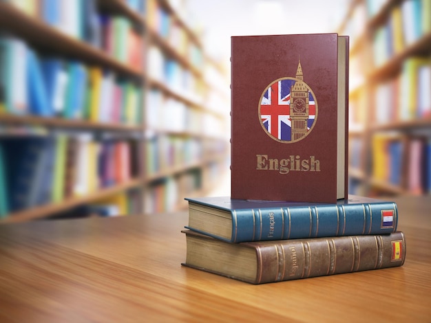 Englisch lernen Konzept Englisches Wörterbuchbuch oder Lehrbuch mit der Flagge Großbritanniens und dem Big Ben Tower an der Bucht in der Bibliothek 3D-Illustration