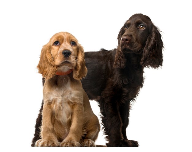 Englische Cocker Spaniel Welpen sitzen und schauen weg