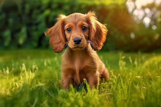 Englischer Cocker Spaniel-Welpe, der auf grünem Gras sitzt. KI generiert