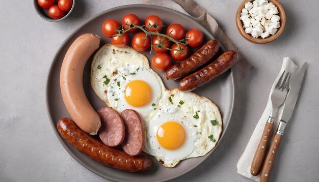 Englisches Frühstück gebratene Eier Würstchen Tomaten und Feta-Käse Amerikanisches Essen