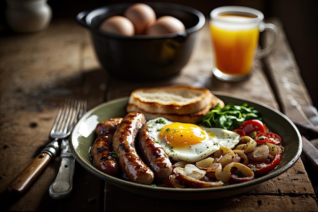 Foto englisches frühstück mit pommes, eiern, toast und würstchen generative ai