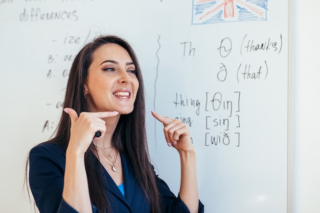 Foto englischunterricht der lehrer zeigt, wie man die töne ausspricht.