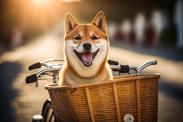 Engraçado cão Shiba sorridente em uma cesta de bicicleta anda em um dia ensolarado Generative AI AIG15