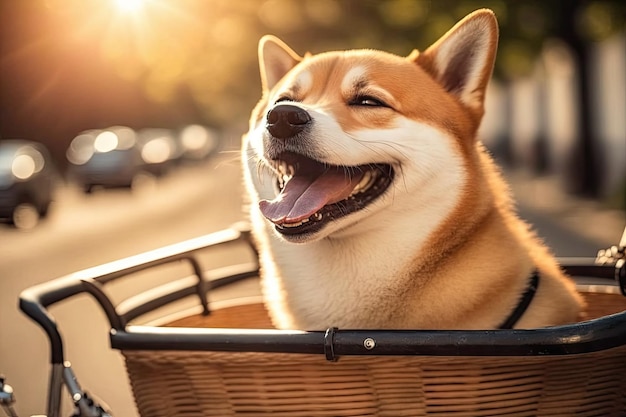 Engraçado cão Shiba sorridente em uma cesta de bicicleta anda em um dia ensolarado Generative AI AIG15