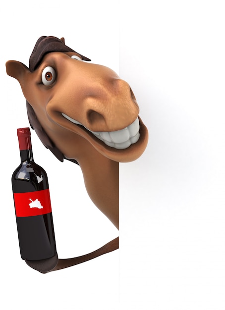 Engraçado cavalo 3d personagem segurando uma garrafa de vinho