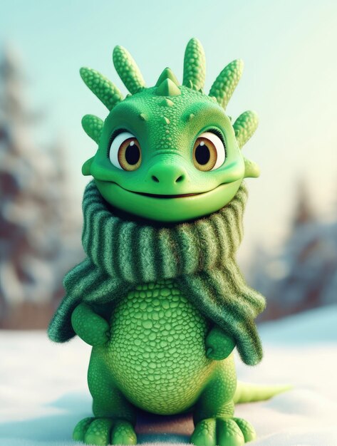 Engraçado dragão verde fofo na temporada de inverno