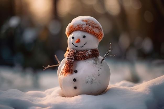 Engraçado e fofo boneco de neve sorridente no lenço de chapéu no dia ensolarado de inverno ao ar livre Conceito de estação de inverno Símbolo Generative AI