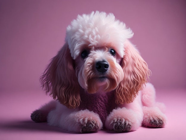 Engraçado e fofo poodle dormir em fundo de estúdio rosa suave generativo