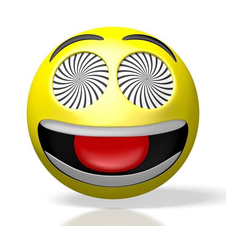 Foto engraçado emoji amarelo maníaco com olhos pretos e brancos