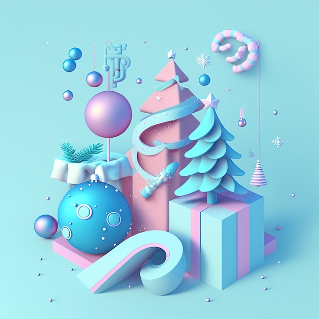 Engraçado fundo festivo ultra macio com brinquedos de Natal isolados em fundo rosa Cores pastel Cartaz colorido e banner Ilustração 3D de estilo de ar mínimo dos desenhos