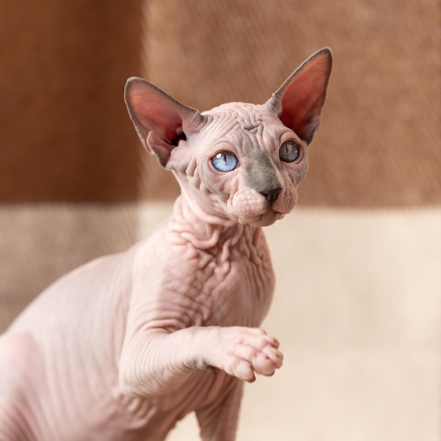 Foto engraçado gatinho macho esfinge canadense de vison azul e cor branca com pata esticada para saudação