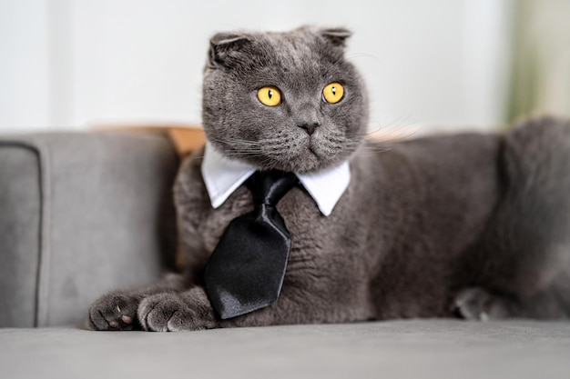 Engraçado gato cinza Scottish Fold em uma gravata como empresário