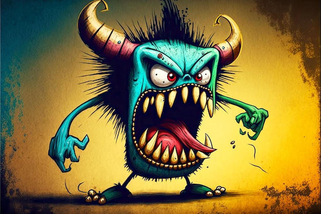 Engraçado monstro zangado com presas provenientes de tradições de desenhos animados e quadrinhos generativos ai
