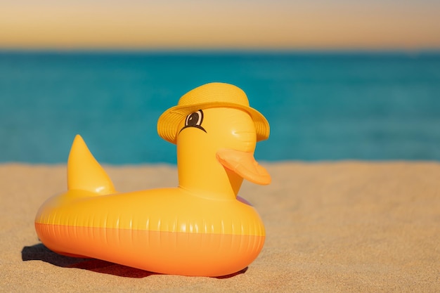 Engraçado pato amarelo usando chapéu de praia contra o fundo azul do mar e do céu Férias de verão e conceito de viagem