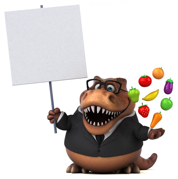Engraçado personagem de dinossauro 3d segurando um cartaz perto de legumes flutuantes