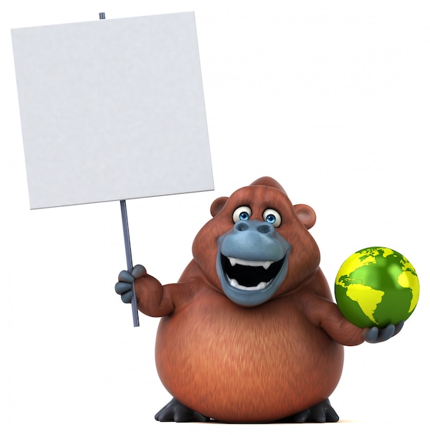 Engraçado personagem gorila 3d segurando um pequeno planeta Terra e um cartaz