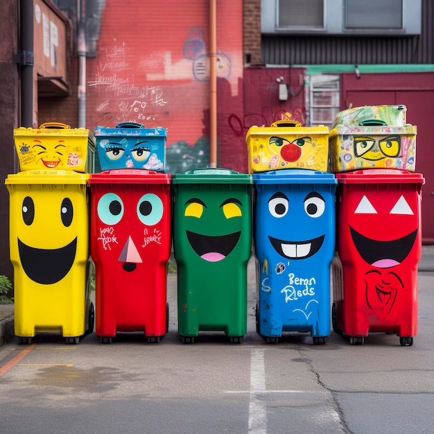 engraçado reciclagem lixo lixo de rua lixeiras coloridas AI generativa